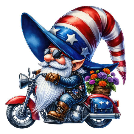 Cartoon image of Uncle Sam on a motorbike with gifts.の素材