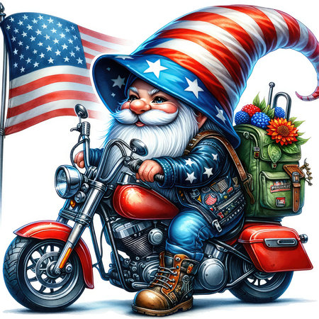 Cartoon illustration of Santa Claus on a motorcycle with USA flag.の素材