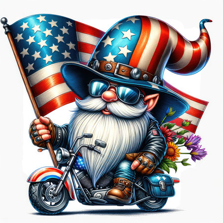 Patriotic American gnome on a vintage motorcycle. Vector illustration.の素材