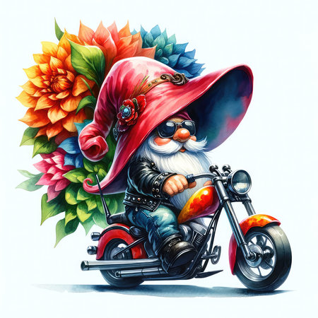 Hand drawn vector illustration of Santa Claus riding a motorcycle with flowers.の素材