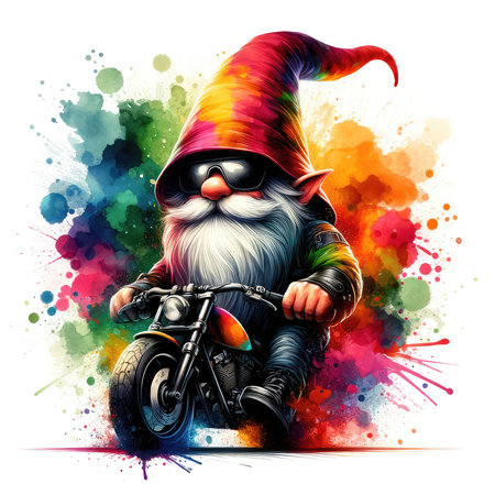 Funny gnome on a motorcycle. Hand drawn vector illustration.の素材