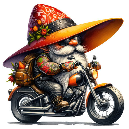 Tattooed santa claus on a motorcycle. Vector illustration.の素材