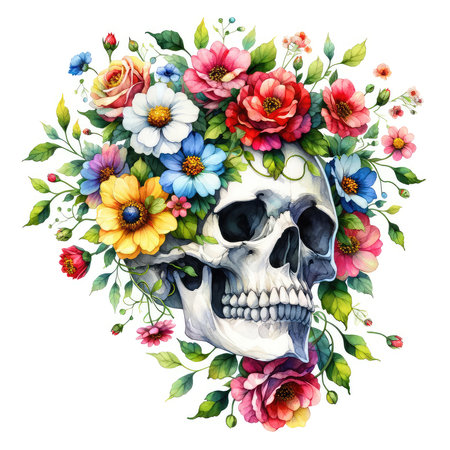 Watercolor skull with floral wreath isolated on white background. Hand painted illustrationの素材