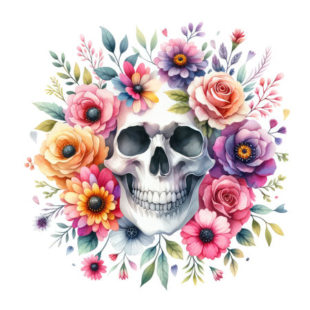 Watercolor skull with floral wreath isolated on white background. Vector illustration.の素材