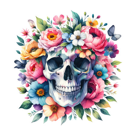 Hand drawn watercolor skull with floral bouquet. Vector illustration.の素材