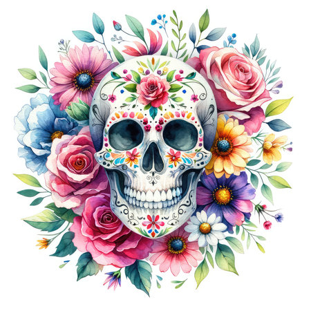 Hand drawn watercolor illustration of skull decorated with floral elements and flowersの素材