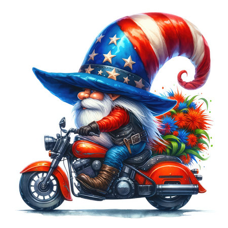 Santa Claus in a hat on a red motorcycle. Christmas illustration.の素材