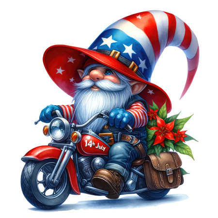 Cartoon image of Santa Claus sitting on a motorcycle with Christmas decorationsの素材