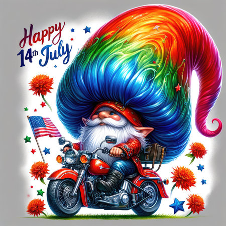 Happy Independence Day of the United States of America. Hand drawn vector illustration with Santa Claus on motorcycle.の素材