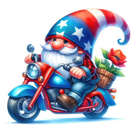 Cartoon Santa Claus riding a motorbike with flowers and gifts.の素材