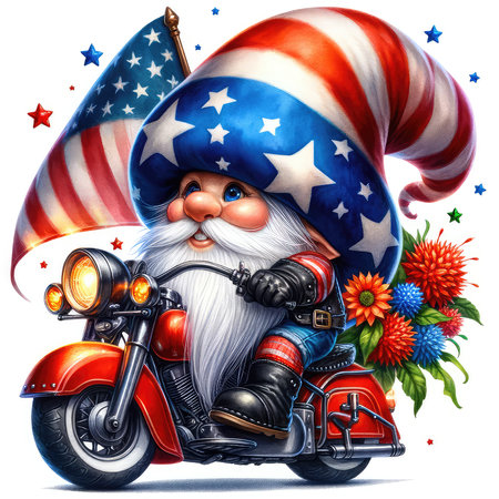 Cartoon image of Santa Claus on a motorcycle with American flag.の素材