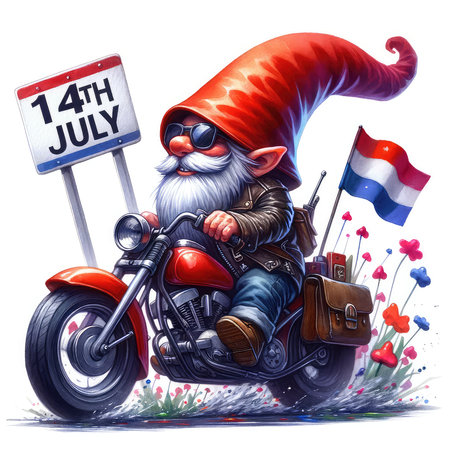 Cartoon funny gnome on a motorbike. Vector illustration.の素材