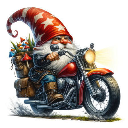 Santa Claus riding a motorcycle, isolated on white background, 3d illustrationの素材