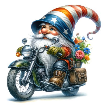 Cartoon Santa Claus on a motorcycle with a bouquet of flowersの素材