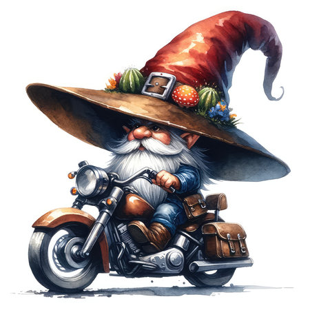Illustration of a gnome in a hat on a motorcycle.の素材