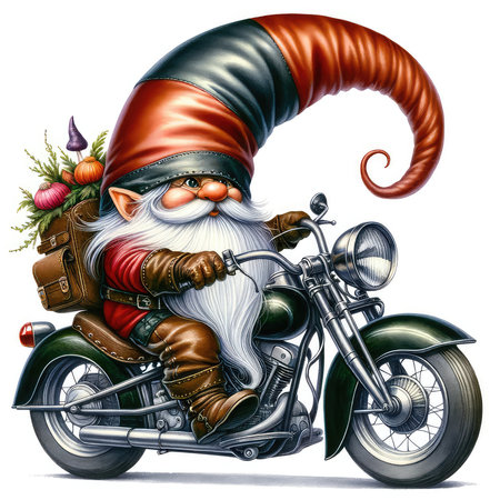 Cartoon Santa Claus riding a motorcycle. Isolated on white background.の素材