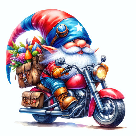 Santa Claus on a motorcycle with a bag of gifts. Watercolor illustrationの素材