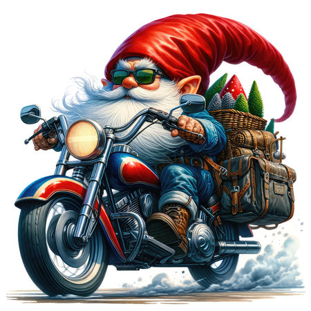 Santa Claus rides a motorbike with a bag full of gifts.の素材