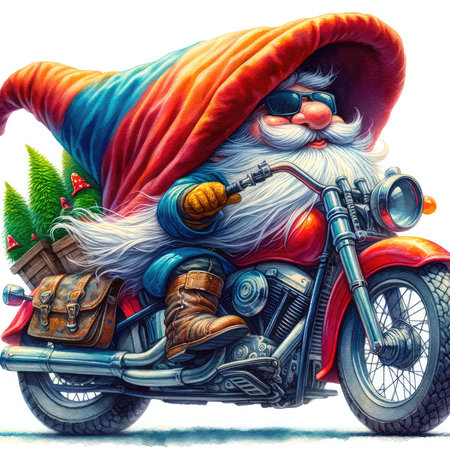 Santa Claus riding a motorcycle decorated with Christmas trees and gifts. Illustration.の素材