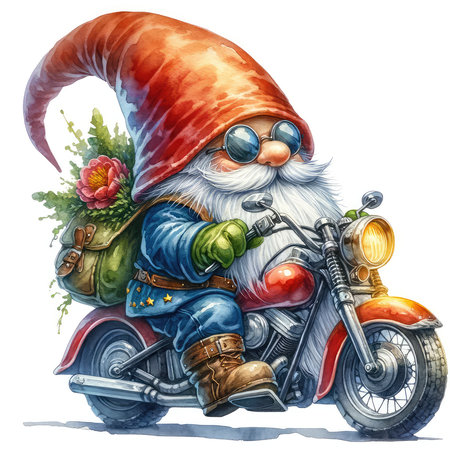 Christmas greeting card with Santa Claus on a motorcycle. Watercolor illustrationの素材