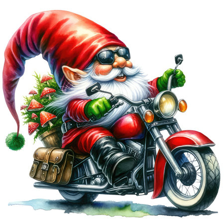 Santa Claus on a motorcycle with a bag of gifts. Watercolor illustrationの素材