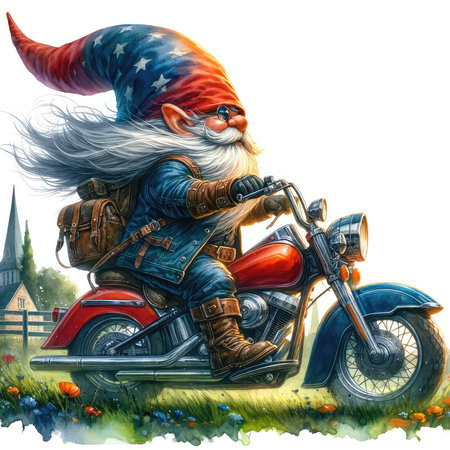 Cartoon Santa Claus riding a motorcycle on a meadow with flowers and trees.の素材