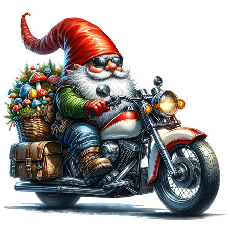 santa claus on a motorbike with christmas gifts and basketの素材