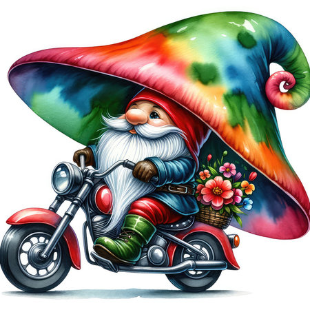Illustration of Santa Claus riding a motorcycle with a basket full of flowersの素材