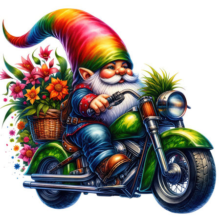 Cartoon Santa Claus on a motorcycle with a basket of flowers.の素材