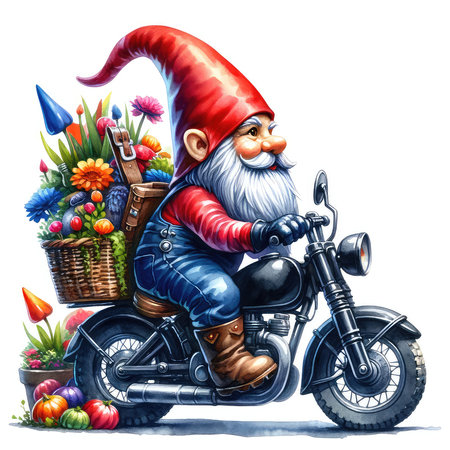Cute gnome with a basket of vegetables on a motorcycle.の素材