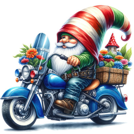 Cartoon Santa Claus on a blue motorcycle with a basket of flowers.の素材