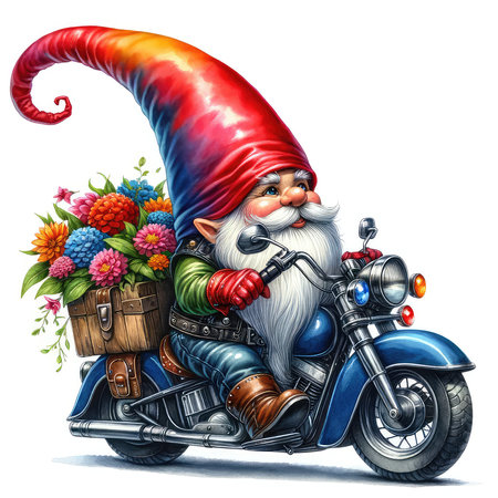 Santa Claus riding a motorbike with a bouquet of flowers, isolated on whiteの素材