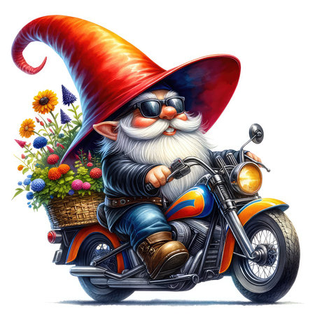 Cartoon illustration of a gnome sitting on a motorbike.の素材