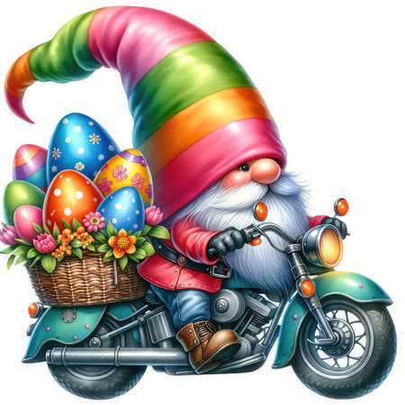 Cartoon funny gnome on a motorcycle with basket of easter eggsの素材