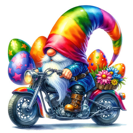 Cartoon gnome on a motorcycle decorated with colorful Easter eggs.の素材