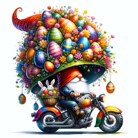 Cartoon illustration of a gnome on a motorcycle decorated with colorful Easter eggsの素材