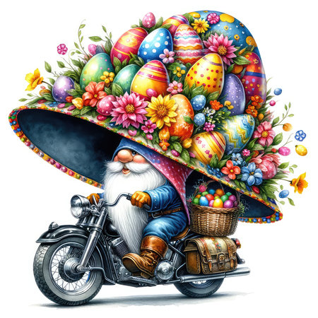 Garden gnome in a sombrero riding a motorcycle decorated with colorful Easter eggsの素材