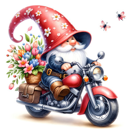 Cute cartoon gnome on a motorcycle with a basket of flowersの素材