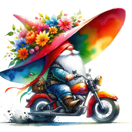 Illustration of Santa Claus riding a motorcycle with flowers on his headの素材