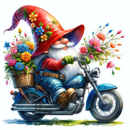 Garden gnome on a motorcycle with a basket full of flowers.の素材