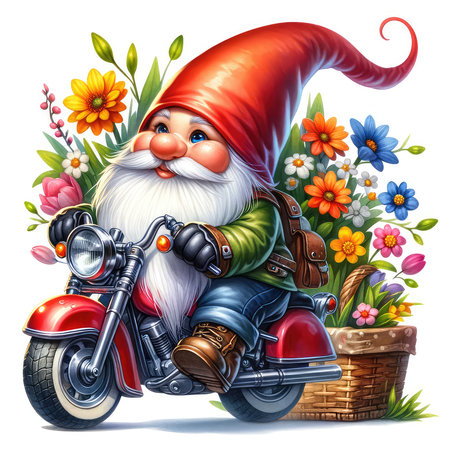Cartoon image of a gnome on a motorcycle with a basket of flowersの素材