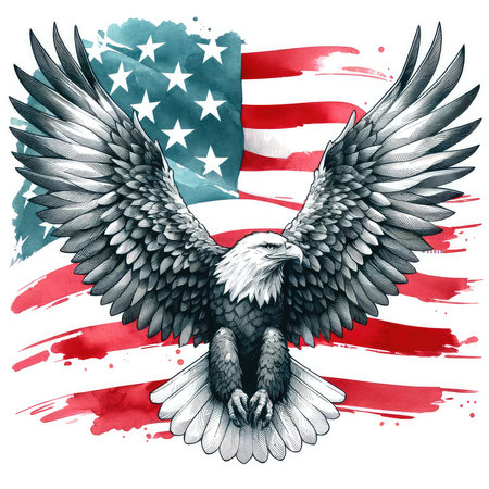 American flag and eagle. Hand-drawn illustration on white background.の素材