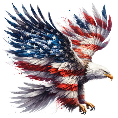 American eagle with USA flag on white background. 3D illustration.の素材