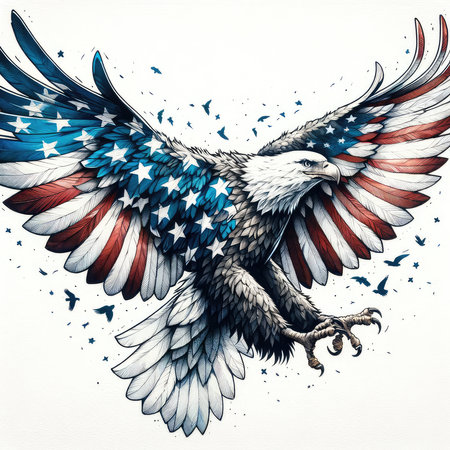 American eagle with American flag on white background. Hand-drawn illustration.の素材