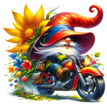 Cartoon illustration of a gnome in a hat on a motorcycle.の素材
