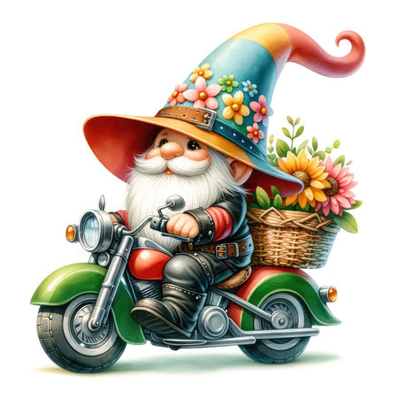 Cartoon gnome sitting on a motorcycle with a basket of flowersの素材