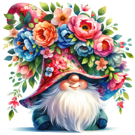 Garden gnome in a hat with flowers. Watercolor illustration.の素材