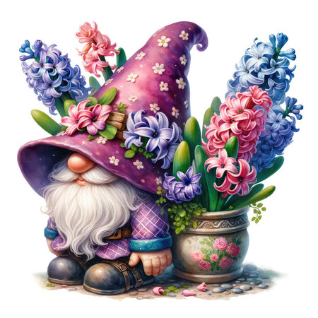 Garden gnome with hyacinths. Watercolor illustrationの素材