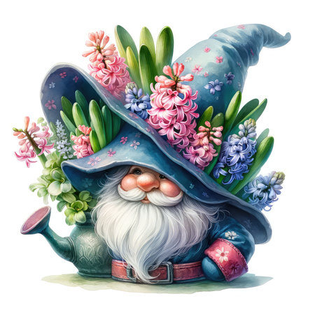 Watercolor illustration of a wizard in a hat with a watering can and flowers.の素材