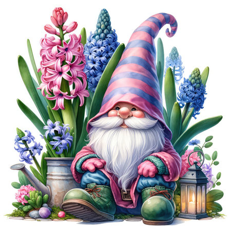 Garden gnome with lantern, hyacinths and tulipsの素材